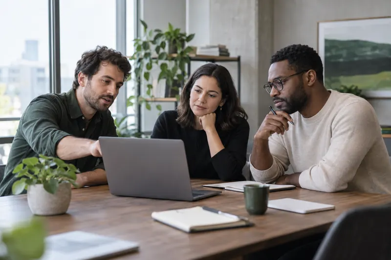 Professionals reviewing information in an office, illustrative scene.