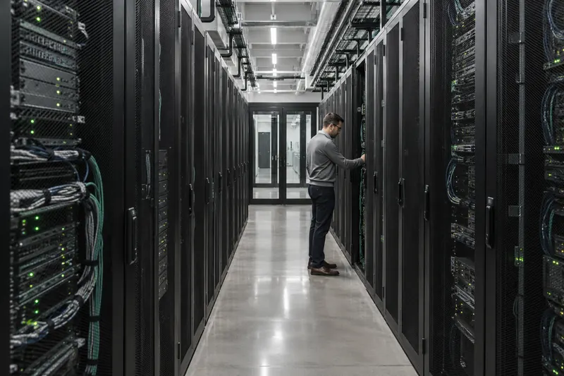 Data center aisle with racks and an engineer, illustrative scene.