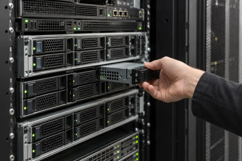 Rack servers and a storage drive tray in close-up, illustrative scene.
